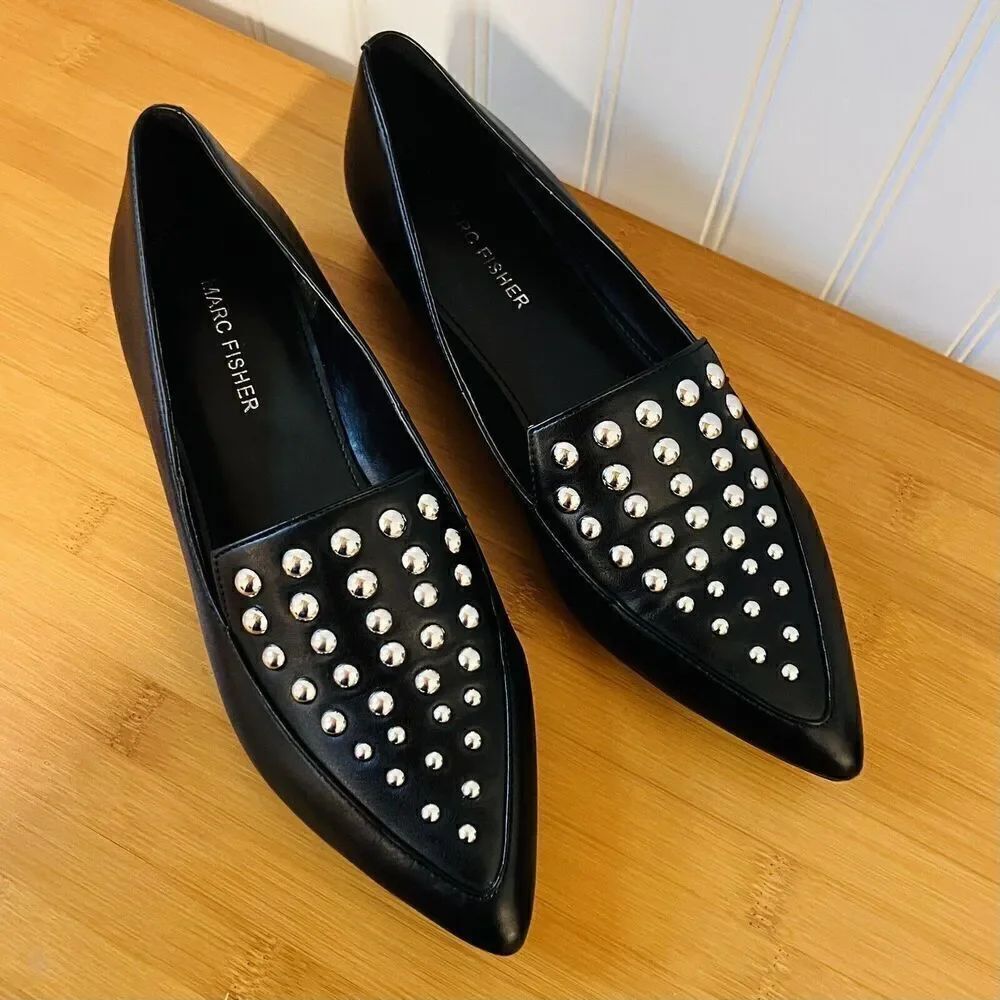 Marc Fisher Sz 6.5 Lalita2 Black Studded Loafer Flats Pointed Toe Slip On Wmn’s